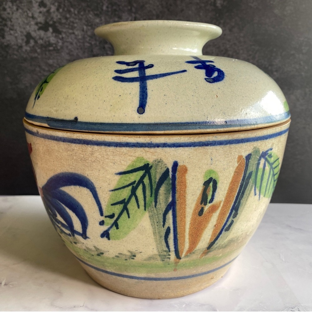 Antique 19th c. Chinese Lidded Bowl Ginger Jar Stoneware Symbols Rooster Motif